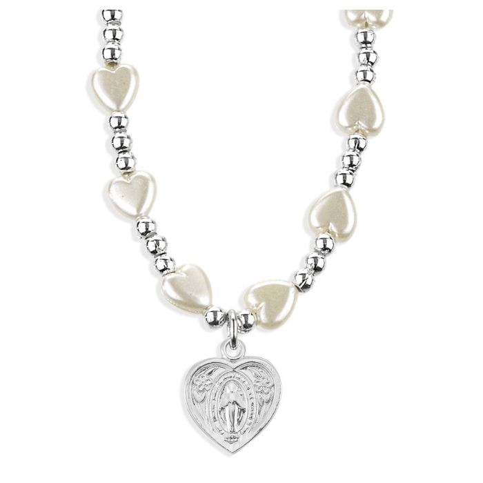 6mm White Heart Necklace with Heart Shaped Miraculous Medal-P65