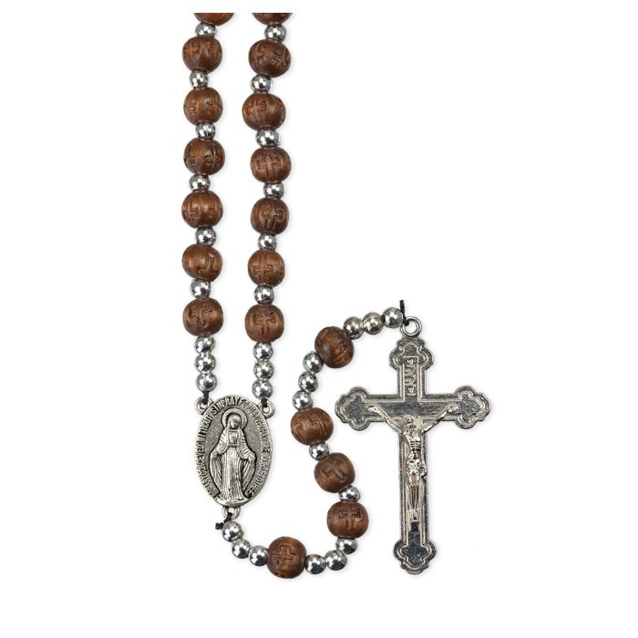 Dark Brown Wood Carved Bead Rosary -P65 - William J Hirten Co