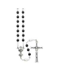 5mm Black and White Pearlized Bead Rosary with Chalice Centerpiece and Italian Crucifix