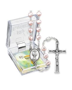 6mm Pink Pearlized Heart Shaped and White Bead Rosary with Chalice Centerpiece and Italian Crucifix, Boxed