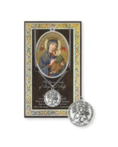 Our Lady of Perpetual Genuine Pewter Medal on a 18" Chain with Biography and Picture Folder