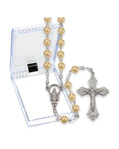 Gold Faux Pearl Bead Rosary, Boxed