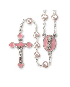 Pink Heart Shaped Bead Rosary with Pink Epoxied Girl Center 