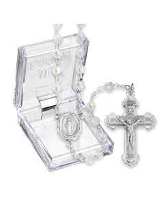 5mm Crystal Aurora Borealis Communion Rosary with Miraculous Medal Centerpiece Boxed