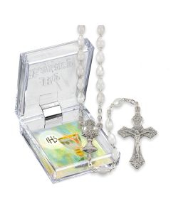White Pearl Bead Communion Rosary, Boxed