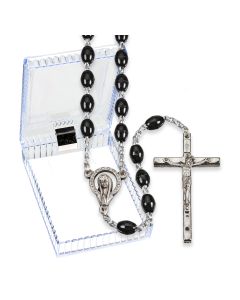 Black Plastic Bead Rosary, Boxed