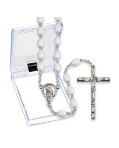 White Plastic Bead Rosary, Boxed
