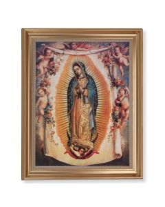 13 1/2" x 16 9/16" Gold Leaf Antique Finished Frame with 11" x 14"  Our Lady of Guadalupe with Angels Textured Art