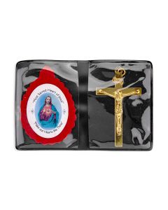 2 1/4" Sacred Heart Badge and Gold Crucifix in Vinyl Pocket Folder-P65