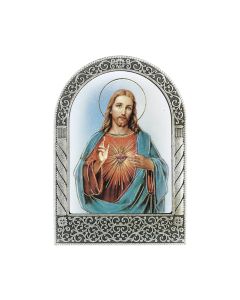 Antique Silver Metal Arched Easel with Gold Embossed Sacred Heart of Jesus Print