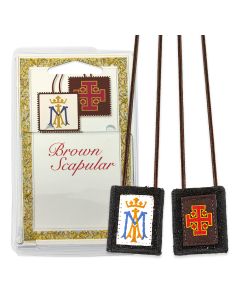 1 3/4" X 2" Ave Maria and Jerusalem Cross Genuine Brown Wool Scapular in Deluxe Packaging.