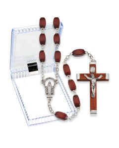 Maroon Wood Bead Rosary  Deluxe Center and Wood with Metal Crucifix with box 