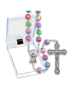 8mm Multicolored Round Floral Bead Rosary, Boxed-P65