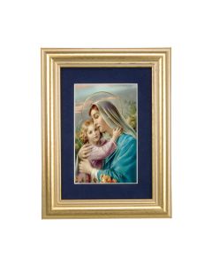 5 1/4" x 6 3/4" Gold Leaf Frame-Navy Blue Matte with a 2 1/2" x 3 3/4" Madonna and Child Print