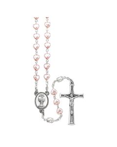 6mm Pink Pearlized Heart Shaped and White Bead Rosary with Chalice Centerpiece and Italian Crucifix