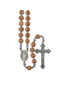Light Brown Carved Cross Wood Bead Rosary -P65