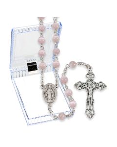 Pink Cat's Eye Bead Rosary, Boxed