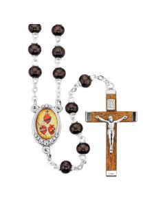 JMJ Three Hearts Rosary in Maroon Carved Boxwood Beads with JMJ Centerpiece