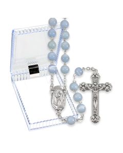 Light Blue Cat's Eye Glass Bead Rosary, Boxed