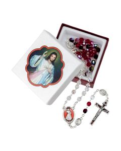 Tri Color Crystal Glass Bead Divine Mercy Rosary, Boxed