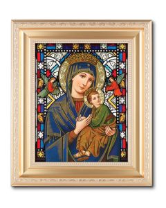 10 1/4" x 12 1/4" Satin Gold Frame with an 8" X 10" Our Lady of Perpetual Help Liturgical Glass Art