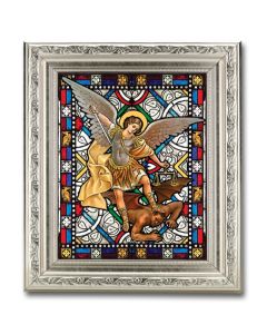 8.25" x 10.25" Silver Ornate Frame with a 6" x 8" Saint Michael Textured Glass Artwork