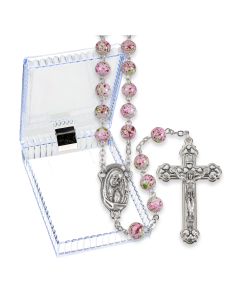 White and Pink Mosaic Glass Bead Rosary, Boxed