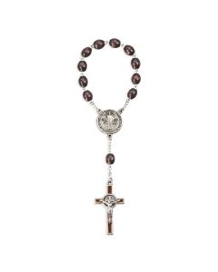 One Decade Oval Brown Wood Bead Saint Benedict Auto Rosary