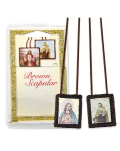 1 3/4" X 2" Sacred Heart and Our Lady of Mt. Carmel Genuine Brown Wool Scapular in Deluxe Packaging. 22" Brown Cord