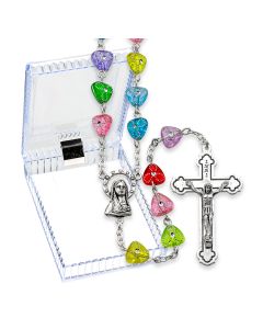 Multicolored Etched Heart Shaped Bead Rosary, Boxed