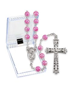 6mm Pink Marbleized Rosary with Center and Crucifix, Boxed