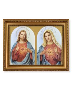 15 1/2" x 19 1/2" Antique Gold Leaf Beveled Frame with Bead Inlay and 12" x 16" Sacred Hearts Textured Art