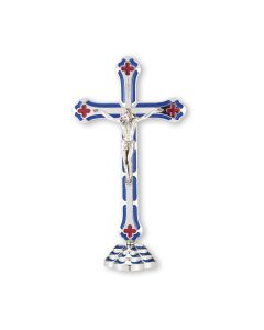 7" Silver Finished Standing Crucifix with Blue and Red Epoxy