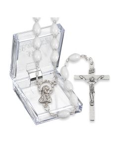 White Plastic Oval Bead Rosary, Boxed