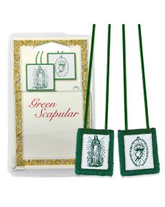 1 3/4" X 2" Immaculate Heart of Mary Genuine Green Wool Scapular in Deluxe Packaging.