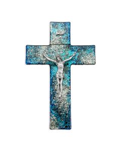 10" Blue and Silver Shimmering Glass Cross with Fine Pewter Corpus-P65