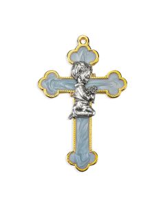 3 1/2" Blue Epoxied Cross with a Praying Boy Figure