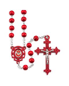 7mm Red Wood Beads Laser Cut Holy Spirit Center and Wooden Crucifix in a Clear Hinged Box