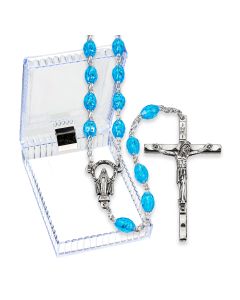 Aqua Clear Oval Plastic Bead Rosary, Boxed