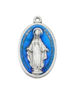 1 5/16" Miraculous Medal in Antiqued Silver Finish with Blue Epoxy