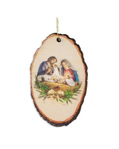 Wood Log Mary and Joseph Adoring Baby Jesus Christmas Ornament