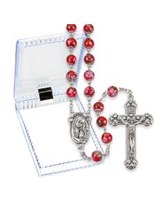 Red Mosaic Glass Bead Rosary, Boxed