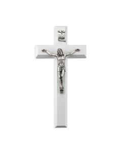 7" White Wood Cross with Antiqued Silver Tone Corpus