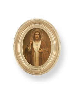 3 1/2" x 4 1/2" Gold Oval Frame with a Chambers: Sacred Heart of Jesus Print-P65