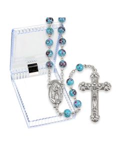 Aqua Mosaic Glass Bead Rosary, Boxed