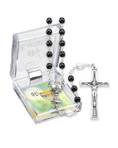 5mm Black and White Pearlized Bead Rosary with Chalice Centerpiece and Italian Crucifix, Boxed