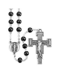 Black Carved Boxwood Bead Rosary, Boxed