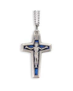 2 1/8" Silver Oxidized Christ Risen Crucifix with Blue Epoxied Inlay on 24" Chain