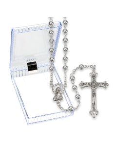 5mm Silver Finish Rosary in a Plastic Hinged Box