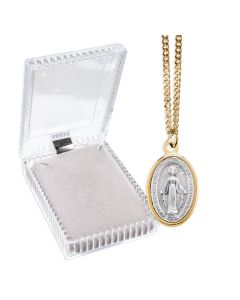 1" Silver Oxidized Miraculous Medal with Gold Rim on 24" Chain, Boxed